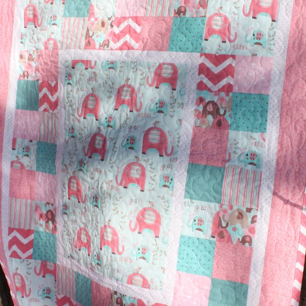 Pink Elephant Splash Baby Girl Quilt with Stuffed Elephant Toy