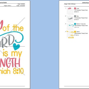 May include: Embroidery design pattern for a machine embroidery project. The design features the text "The Joy of the Lord is my Strength Nehemiah 8:10" in a colorful font with pink, yellow, blue, and gray thread colors. The design also includes a floral element with pink and blue flowers.
