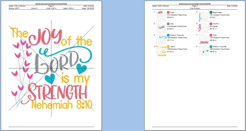 May include: Embroidery design pattern for a machine embroidery project. The design features the text "The Joy of the Lord is my Strength Nehemiah 8:10" in a colorful font with pink, yellow, blue, and gray thread colors. The design also includes a floral element with pink and blue flowers.