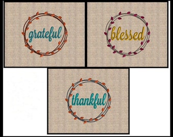 Fall Wreath Embroidery Design thankful grateful blessed Wreath Embroidery Design Thanksgiving Embroidery Design 4x4 up to 8x8