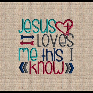 May include: Embroidered artwork with the text "JESUS LOVES ME THIS I KNOW" in teal, red, gray, and navy blue. The word "LOVES" features a heart with a cross. The background is a tan, textured fabric.