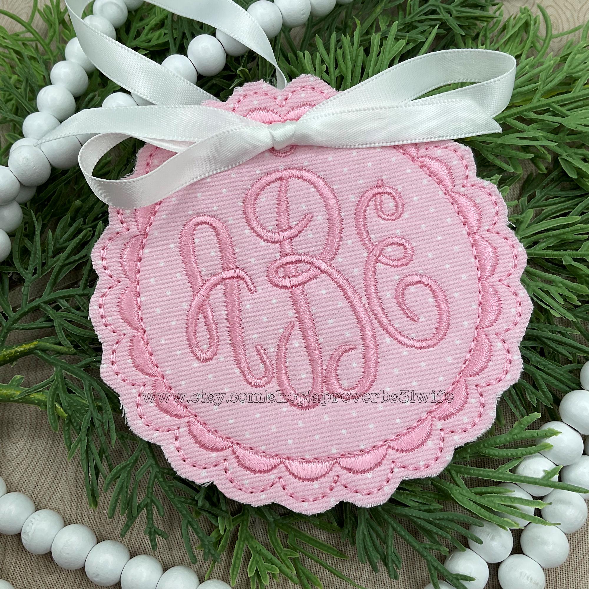 In the hoop Scallop Monogrammed Name Tag Machine Embroidery Design- Gift bags and basket -ITH Baby Announcement Frame 3 sizes - 4x4 5x7 6x10