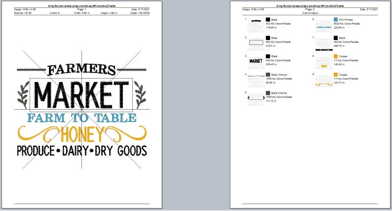 May include: Black and white embroidery design for a Farmers Market sign. The design includes the text "Farmers Market", "Farm to Table", "Honey", and "Produce - Dairy - Dry Goods".