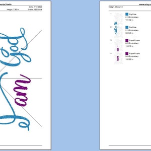 Op de afbeelding: Borduurpatroon voor een citaat dat luidt "Wees stil en weet dat Ik God ben". Het ontwerp is in twee kleuren, teal en paars.