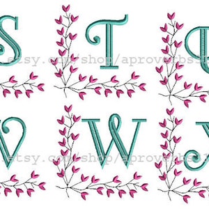 Puede incluir: Dise&ntilde;o de bordado de las letras S, T, U, V, W y X con un borde floral. Las letras son azul turquesa y las flores son rosas.