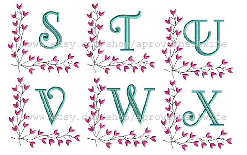 Puede incluir: Dise&ntilde;o de bordado de las letras S, T, U, V, W y X con un borde floral. Las letras son azul turquesa y las flores son rosas.