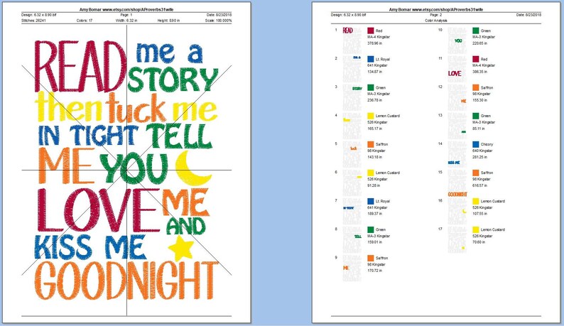 May include: A colorful embroidery design for a children's bedtime story. The design features the text "READ ME A STORY THEN TUCK ME IN TIGHT TELL ME YOU LOVE ME KISS ME GOODNIGHT" in a rainbow of colors. The design also includes a crescent moon and a star.