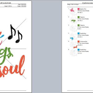 May include: An embroidery design featuring the phrase "then sings my soul" in a colorful, script font. The words are in shades of pink, green, blue, and orange, with black musical notes. The design is on a white background.