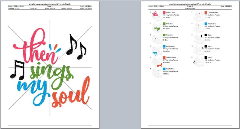 May include: An embroidery design featuring the phrase "then sings my soul" in a colorful, script font. The words are in shades of pink, green, blue, and orange, with black musical notes. The design is on a white background.