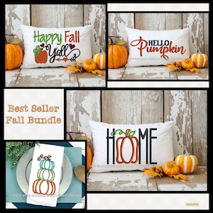 May include: A set of four embroidery designs featuring fall-themed phrases and pumpkins. The designs include "Happy Fall Y'all", "Hello Pumpkin", "Home", and a stack of pumpkins. The designs are perfect for adding a touch of fall to your home decor.