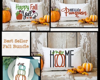 Fall Best Seller Machine Embroidery Bundle - Hello Pumpkin - Happy Fall Y&#39;all- 3 Stacked Pumpkins - Home with Pumpkin O