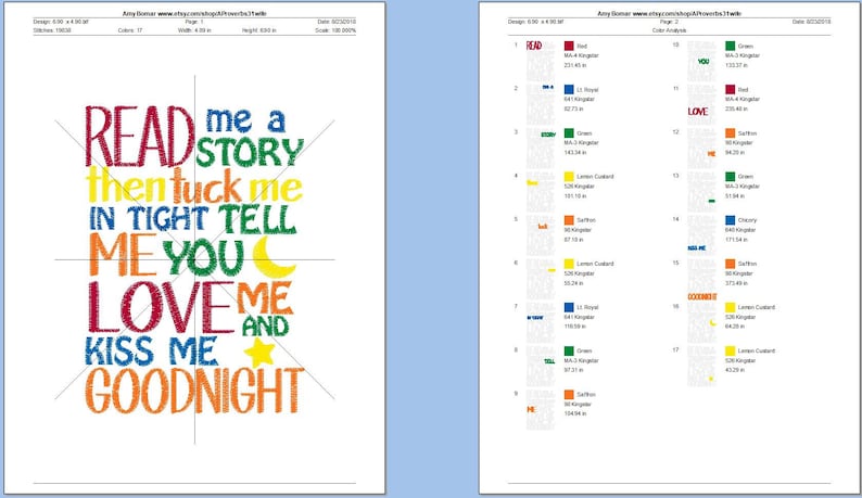 May include: A colorful embroidery design with the text "READ me a STORY then tuck me in TIGHT TELL ME YOU LOVE ME KISS ME GOODNIGHT". The design includes a crescent moon, a star, and a rainbow color scheme.