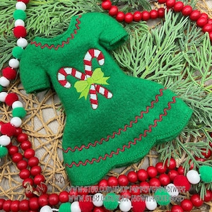 Green Candy Cane Elf Dress: Embroidered Christmas Doll Clothes (12 Inch)