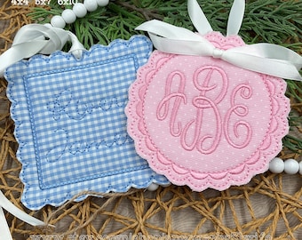 In the hoop Scallop Monogrammed Name Tag SET Machine Embroidery Design- Gift bags and basket -ITH Baby Announcement Frame - 4x4 5x7 6x10