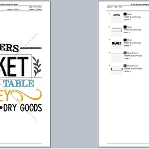 May include: Black and white embroidery design for a Farmers Market sign. The text reads "Farmers Market, Farm to Table Honey, Produce - Dairy - Dry Goods".