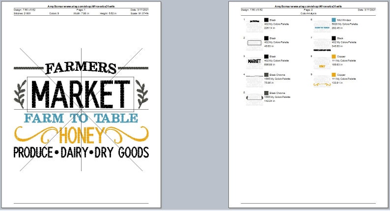 May include: Black and white embroidery design for a Farmers Market sign. The text reads "Farmers Market, Farm to Table Honey, Produce - Dairy - Dry Goods".