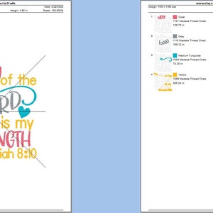 May include: Embroidery design pattern for a machine embroidery project. The design features a colorful quote: "The joy of the Lord is my strength, Nehemiah 8:10".