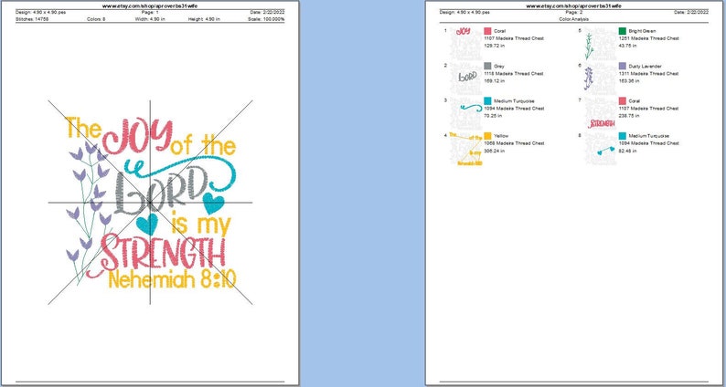May include: Embroidery design pattern for a machine embroidery project. The design features a colorful quote: "The joy of the Lord is my strength, Nehemiah 8:10".
