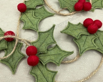 ITH Felt Holly Leaf Embroidery Design for Garland - Felt Holly Leaf Pick - Garland Feltie - Christmas Decor - 3 inch felt leaf