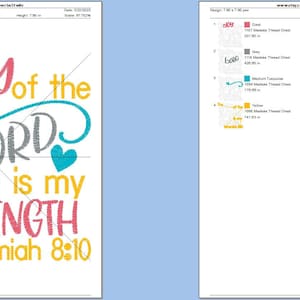 May include: Embroidery design pattern for a colorful quote, "The joy of the Lord is my strength, Nehemiah 8:10". The design features a gray, teal, pink, and yellow color scheme with hearts and floral accents.
