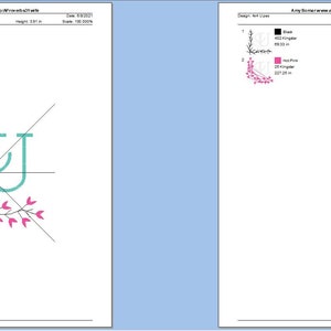 Puede incluir: Dise&ntilde;o de bordado con las letras "TJ" en turquesa con un dise&ntilde;o floral rosa alrededor de las letras. El dise&ntilde;o est&aacute; sobre un fondo blanco con una cuadr&iacute;cula.