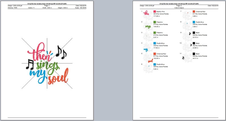 May include: An embroidery design with the words "then sings my soul" in a colorful, handwritten style. The design includes musical notes and is set against a white background. The text is in shades of red, green, blue, and black.