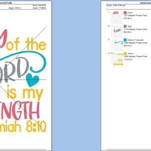 May include: Embroidery design featuring the phrase "The Joy of the Lord is my Strength" with the scripture reference "Nehemiah 8:10". The design includes a floral motif and hearts in various colors, including pink, yellow, blue, and gray.