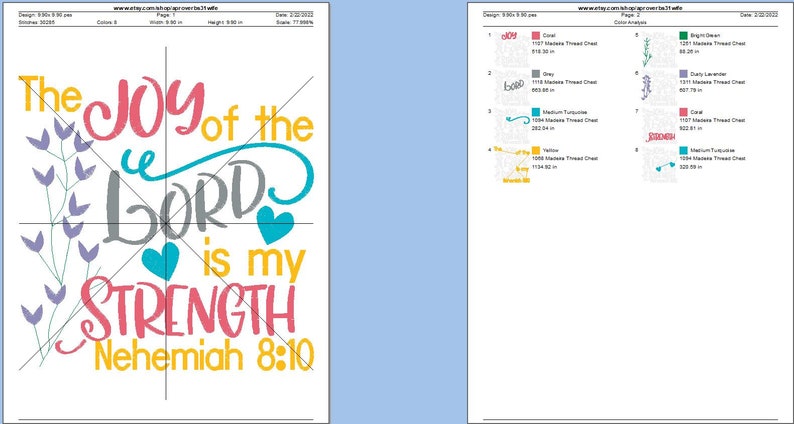 May include: Embroidery design featuring the phrase "The Joy of the Lord is my Strength" with the scripture reference "Nehemiah 8:10". The design includes a floral motif and hearts in various colors, including pink, yellow, blue, and gray.