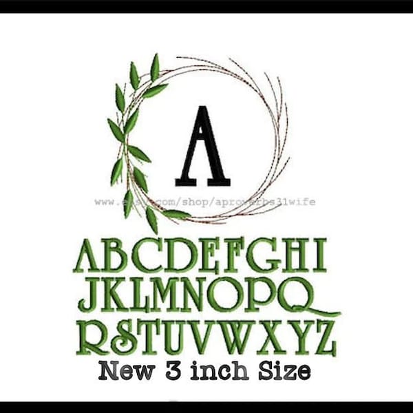 Monogram Font Frame Embroidery Design - 4x4 Hoop Size 3 INCH Finished Size - Farmhouse Stick Wreath Font INCLUDED Machine Embroidery