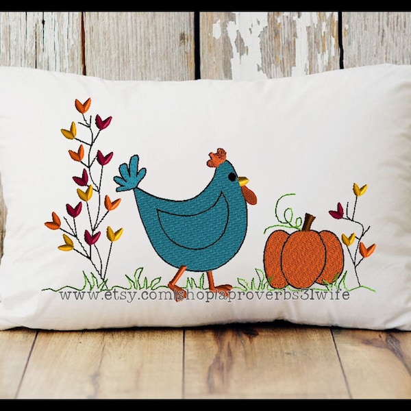 Hen and Pumpkin Machine Embroidery Design -  Chicken Embroidery - Mini Pumpkin Design - Fall Embroidery 5 sizes 5x7 up to 12 x 7