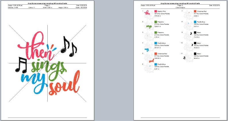 May include: A digital embroidery design featuring the phrase "then sings my soul" in a colorful, script font. The design includes musical notes and is rendered in shades of pink, green, blue, and orange. The design is on a white background.