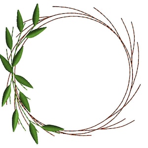 May include: A circular wreath design featuring a brown twig frame adorned with green leaves. The leaves are clustered on the left side of the wreath, creating a natural, botanical aesthetic. The design is set against a white background.