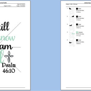 May include: Black and green embroidery design for a machine embroidery project. The design features the text "Be still and know that I am God" with the words "Psalm 46:10" below.