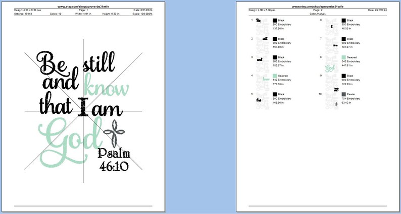 May include: Black and green embroidery design for a machine embroidery project. The design features the text "Be still and know that I am God" with the words "Psalm 46:10" below.