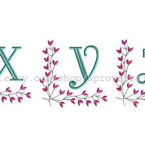 Puede incluir: Tres letras bordadas, X, Y y Z, en azul turquesa con un borde decorativo de hojas rosas.