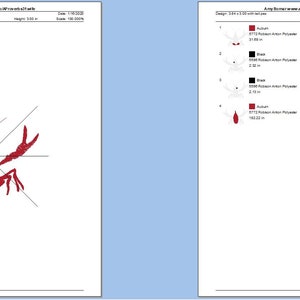 Może przedstawiać: Wz&oacute;r haftu czerwonego raka z 8 kolorami. Wz&oacute;r ma 9,68 cm szerokości i 9,68 cm wysokości. Wz&oacute;r znajduje się na białym tle z siatką.