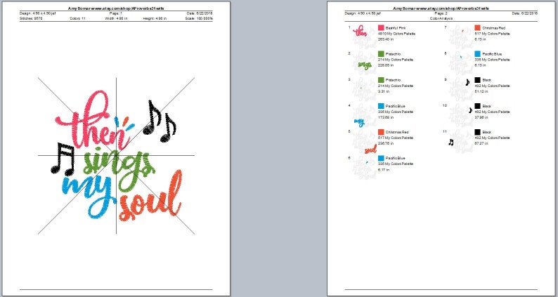 May include: A digital embroidery design featuring the phrase "then sings my soul" in a colorful, script font. Musical notes accompany the text. The design is on a white background with crosshairs.