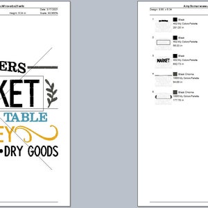 May include: A black and white embroidery design for a farmers market sign. The design includes the text "Farmers Market", "Farm to Table", "Honey", and "Produce - Dairy - Dry Goods".