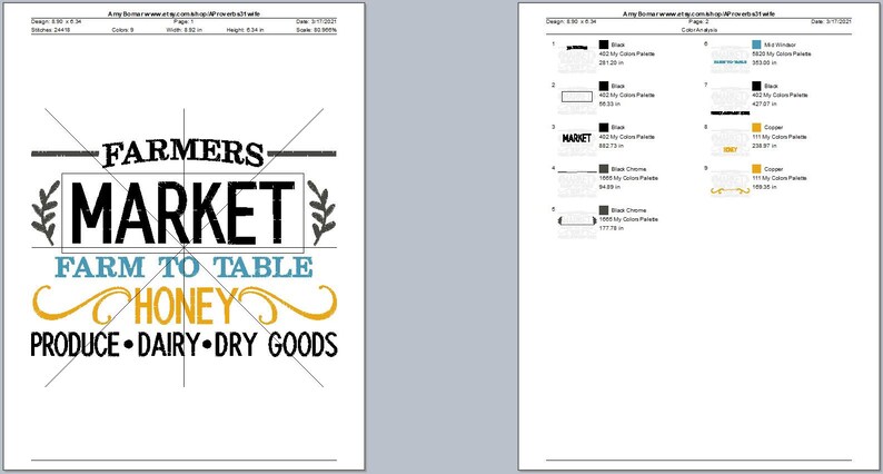 May include: A black and white embroidery design for a farmers market sign. The design includes the text "Farmers Market", "Farm to Table", "Honey", and "Produce - Dairy - Dry Goods".