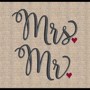 Script Font Mr. and Mrs. with heart period machine embroidery design  Individual words Mr and Mrs Embroidery Design