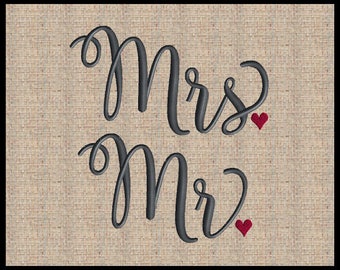 Schreibschrift Mr. und Mrs. mit Herzzeitschrift Stickdatei Individuelle Wörter Mr and Mrs Embroidery Design