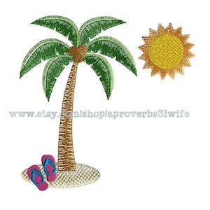 May include: Embroidered design of a green palm tree with a brown trunk and a yellow sun. There are pink flip flops on the ground under the palm tree.