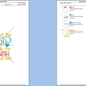 May include: Embroidery design pattern for a machine embroidery project. The design features the text "The joy of the Lord is my strength Nehemiah 8:10" with a floral design and hearts. The design is shown in a variety of colors, including pink, yellow, blue, and green.