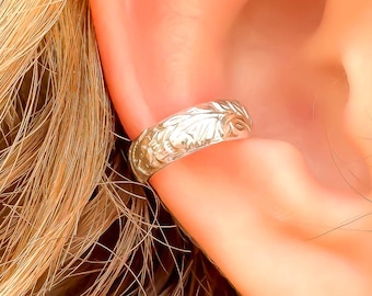Floral Sterling Silver Conch Ear Cuff: Thick No Piercing Cartilage Wrap