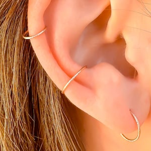 14K Rose Gold Filled Sparkle Twist Cartilage Hoop, Helix Conch Huggie Hoop Earrings, Single or Pair of 12mm 10mm 9mm 8mm 7mm OR 6mm, 20 Ga