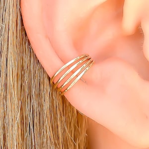 14K Gold Filled 4 Band Hammered Ear Cuff, Non Pierced 12mm Conch Cartilage Ear Wrap Earring, Gift for Sister & Best Friend, Water Friendly