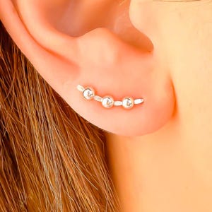 Beaded Ear Climber Solid Sterling Silver, Right OR Left Single OR Pair Mini Curved Dainty Ear Crawler, 15mm Long 3mm Beads, Gift for Friend