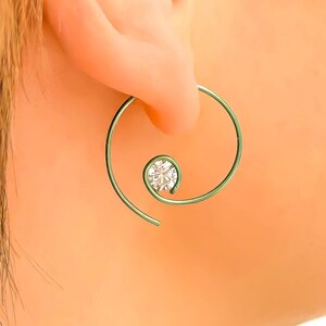 Green Niobium Spiral Hoop Dangle Threader Earrings, Cubic Zirconia (CZ), Pair of 20 Gauge 7/8 Inch - 22mm Diameter, Hypoallergenic, Minimal