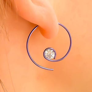 Purple Niobium Spiral Hoop Dangle Threader Earrings, Cubic Zirconia (CZ), Pair of 20 Gauge 7/8 Inch - 22mm Diameter, Hypoallergenic, Minimal