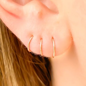 Solid 14K Rose Gold Hoop Earrings, Pure Rose Gold Earrings, Small Rose Gold Huggie Hoops, Sleeper 14K Rose Hoops, Seamless Continuous Hoops